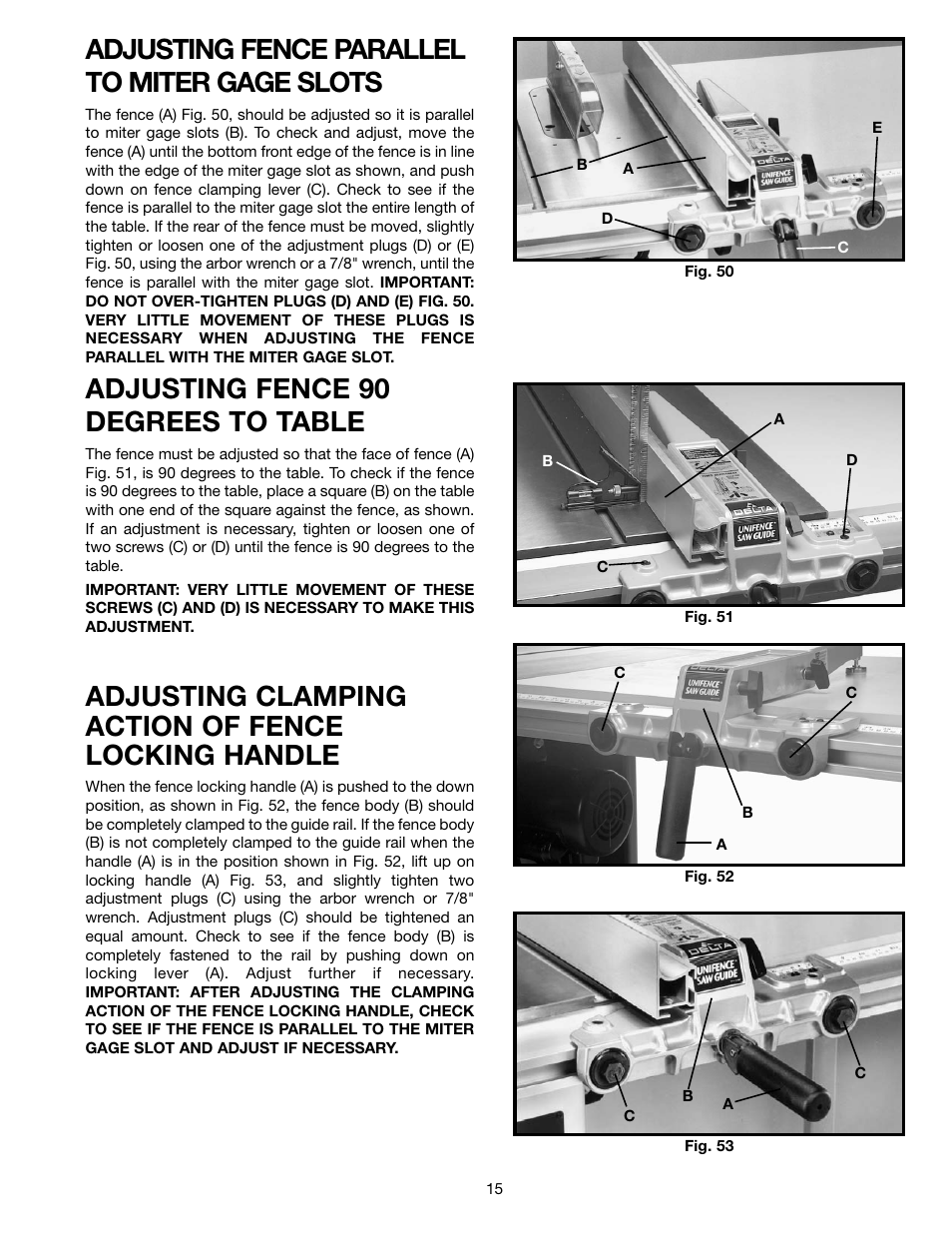 Adjusting fence parallel to miter gage slots, Adjusting fence 90 degrees to table, Adjusting clamping action of fence locking handle | Delta 36-902 User Manual | Page 15 / 20