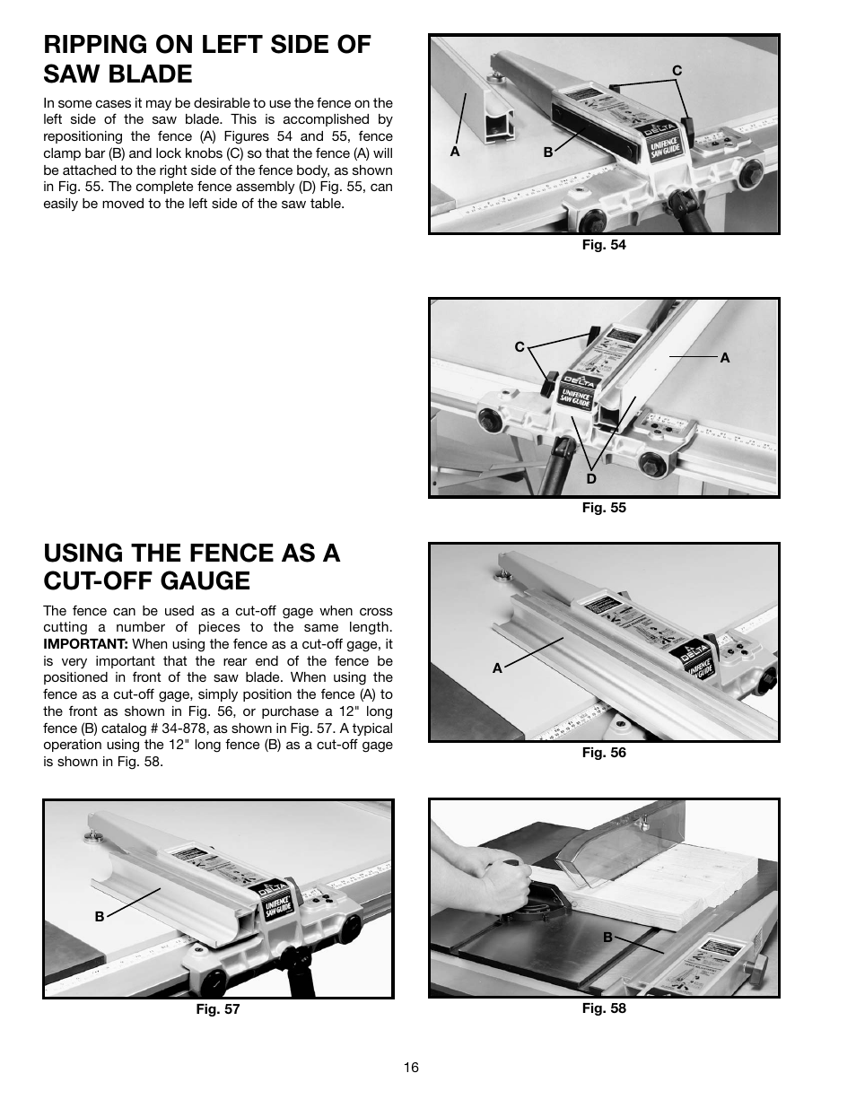 Ripping on left side of saw blade, Using the fence as a cut-off gauge | Delta 36-902 User Manual | Page 16 / 20