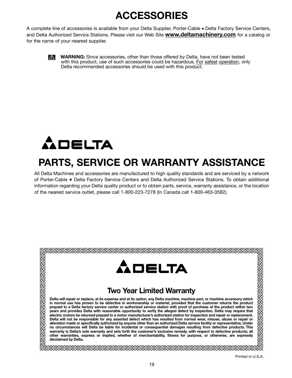 Parts, service or warranty assistance, Accessories, Two year limited warranty | Delta 36-902 User Manual | Page 19 / 20