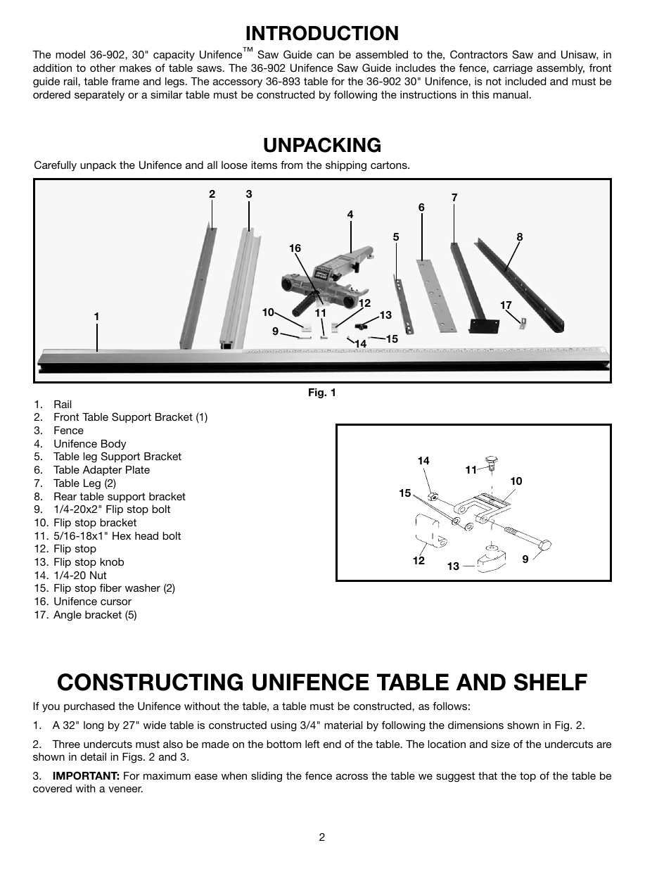 Constructing unifence table and shelf, Introduction, Unpacking | Delta 36-902 User Manual | Page 2 / 20
