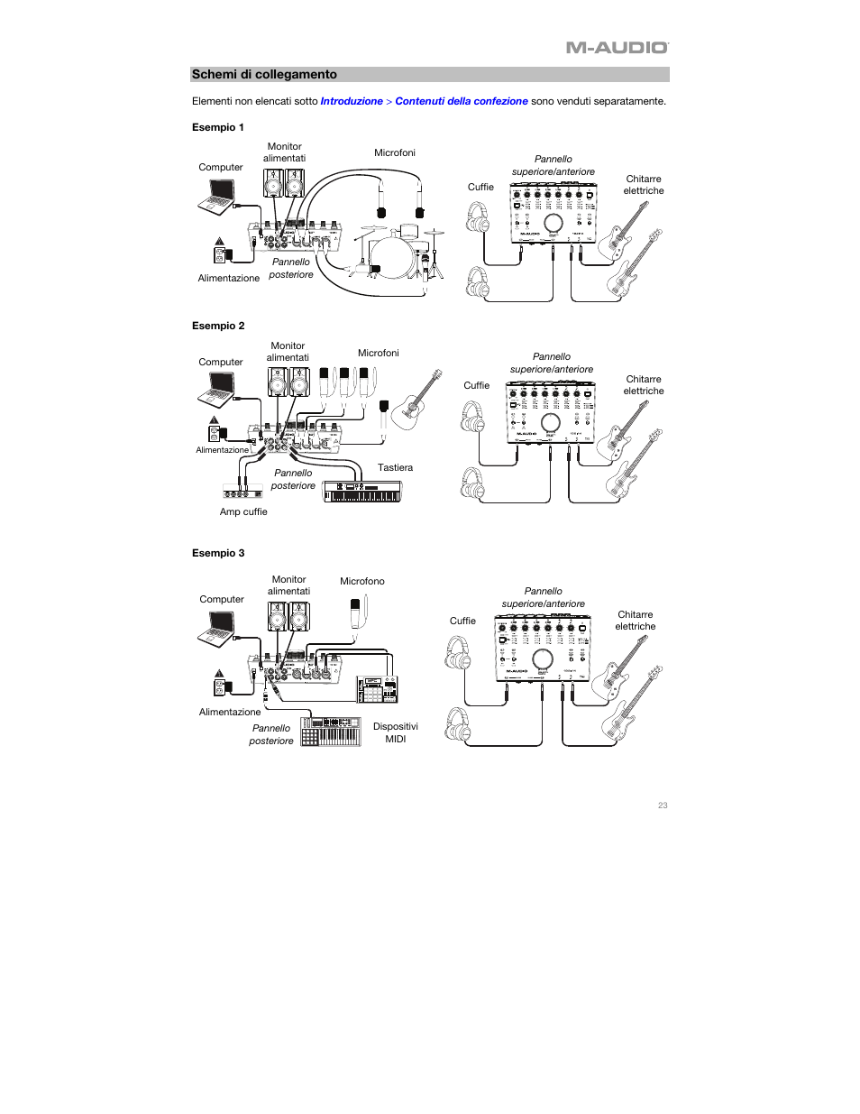 Schemi di collegamento, Esempio 1, Esempio 2 | Esempio 3 | M-AUDIO AIR 192|14 Desktop 8x4 USB Type-C Audio/MIDI Interface User Manual | Page 23 / 36