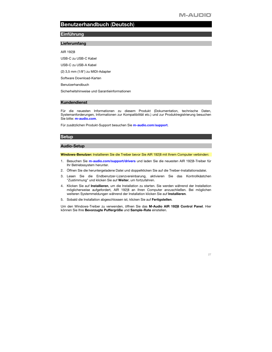 Benutzerhandbuch (deutsch), Einführung, Lieferumfang | Kundendienst, Setup, Audio-setup, Benutzerhandbuch ( deutsch ) | M-AUDIO AIR 192|8 Desktop 2x4 USB Type-C Audio/MIDI Interface User Manual | Page 27 / 36