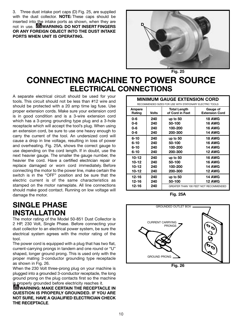 Connecting machine to power source, Electrical connections single phase installation | Delta 50-851 User Manual | Page 10 / 12