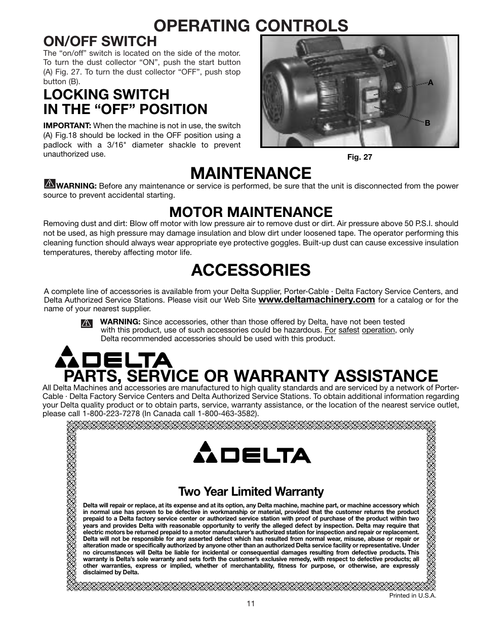 Operating controls, Maintenance, Accessories | Parts, service or warranty assistance, On/off switch, Motor maintenance, Locking switch in the “off” position, Two year limited warranty | Delta 50-851 User Manual | Page 11 / 12