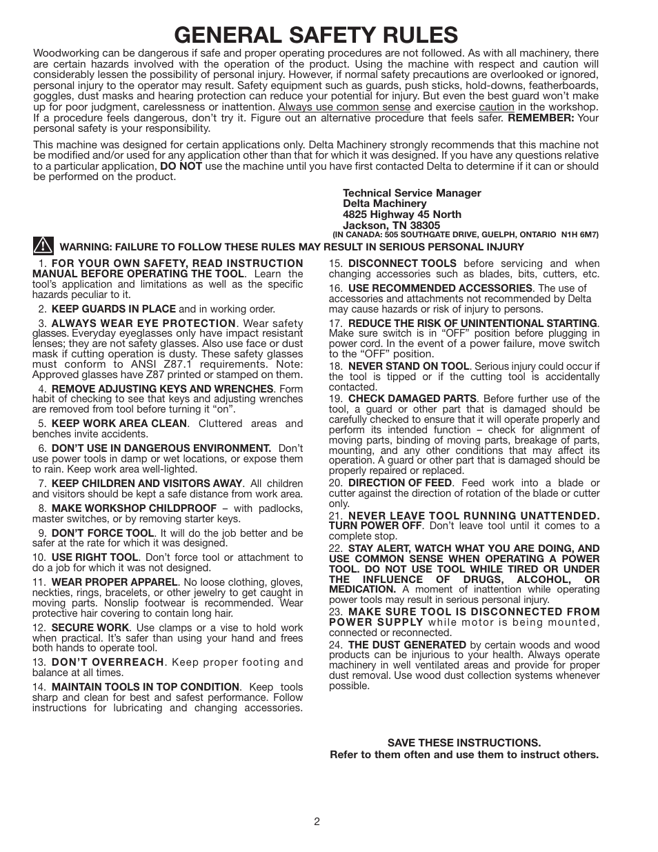 General safety rules | Delta 50-851 User Manual | Page 2 / 12