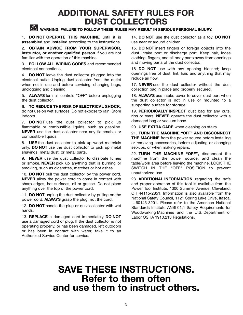 Additional safety rules for dust collectors | Delta 50-851 User Manual | Page 3 / 12