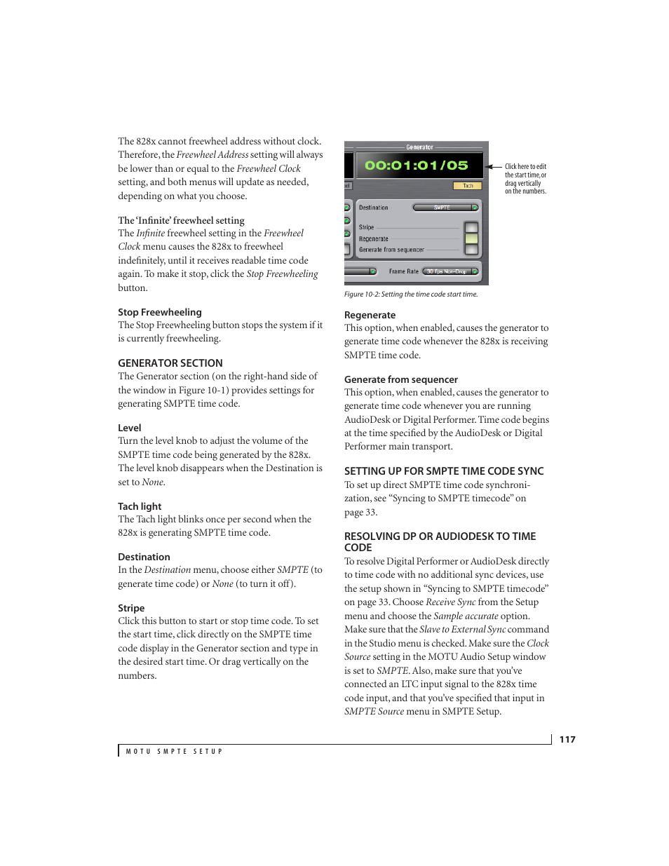 Stop freewheeling, Generator section, Level | Tach light, Destination, Stripe, Regenerate, Generate from sequencer, Setting up for smpte time code sync, Resolving dp or audiodesk to time code | MOTU 828x 28x30 Audio Interface with ThunderTechnology User Manual | Page 117 / 128