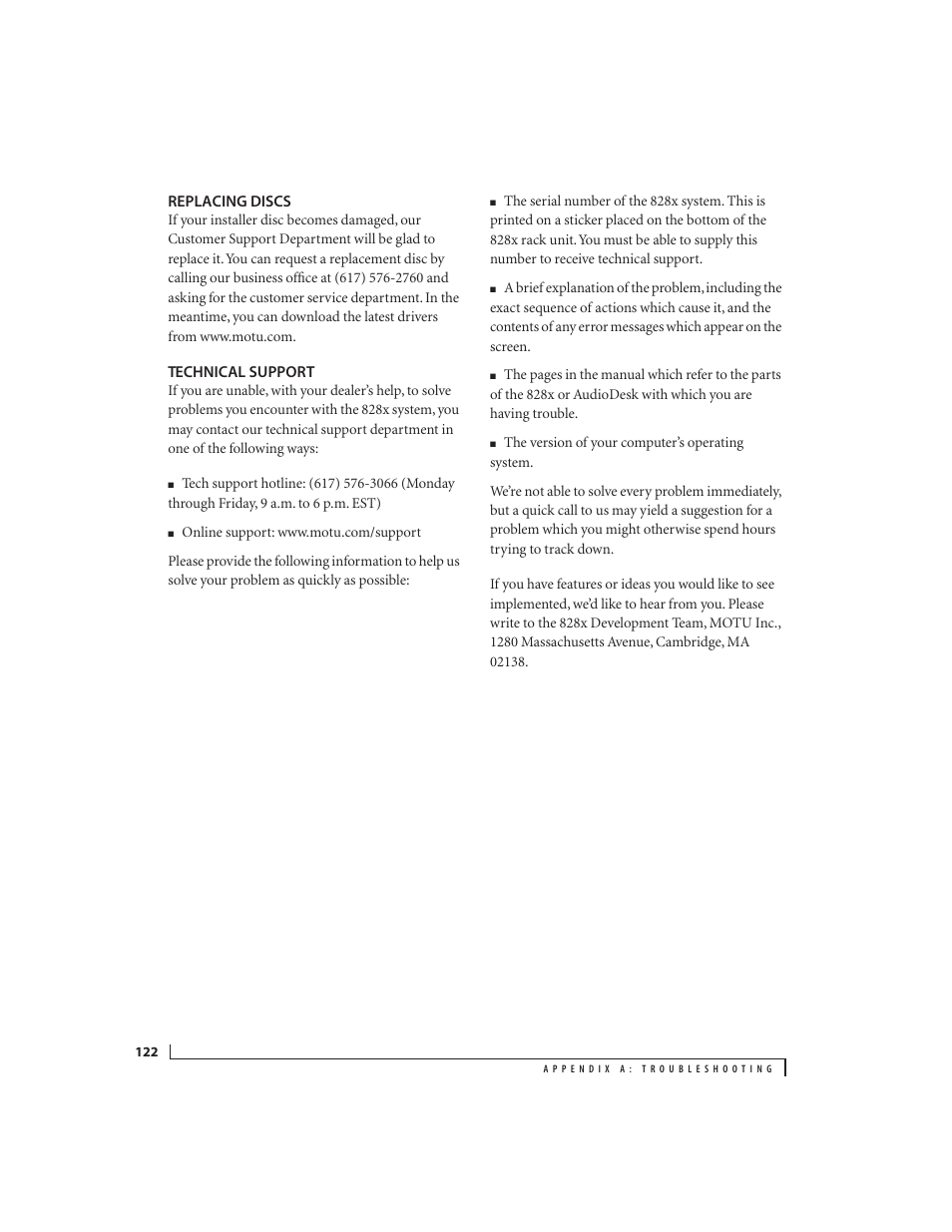 Replacing discs, Technical support | MOTU 828x 28x30 Audio Interface with ThunderTechnology User Manual | Page 122 / 128