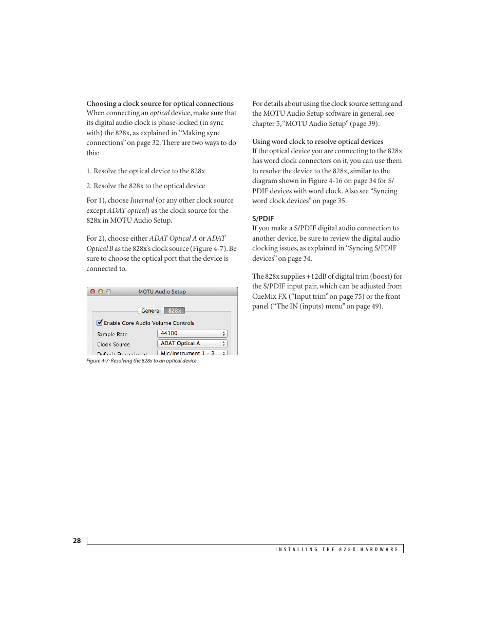 S/pdif | MOTU 828x 28x30 Audio Interface with ThunderTechnology User Manual | Page 28 / 128