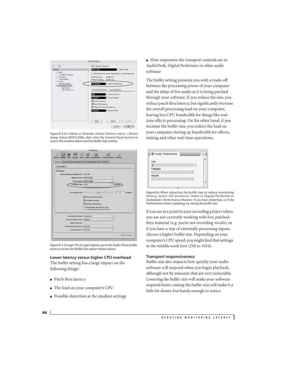 Lower latency versus higher cpu overhead, Transport responsiveness | MOTU 828x 28x30 Audio Interface with ThunderTechnology User Manual | Page 66 / 128