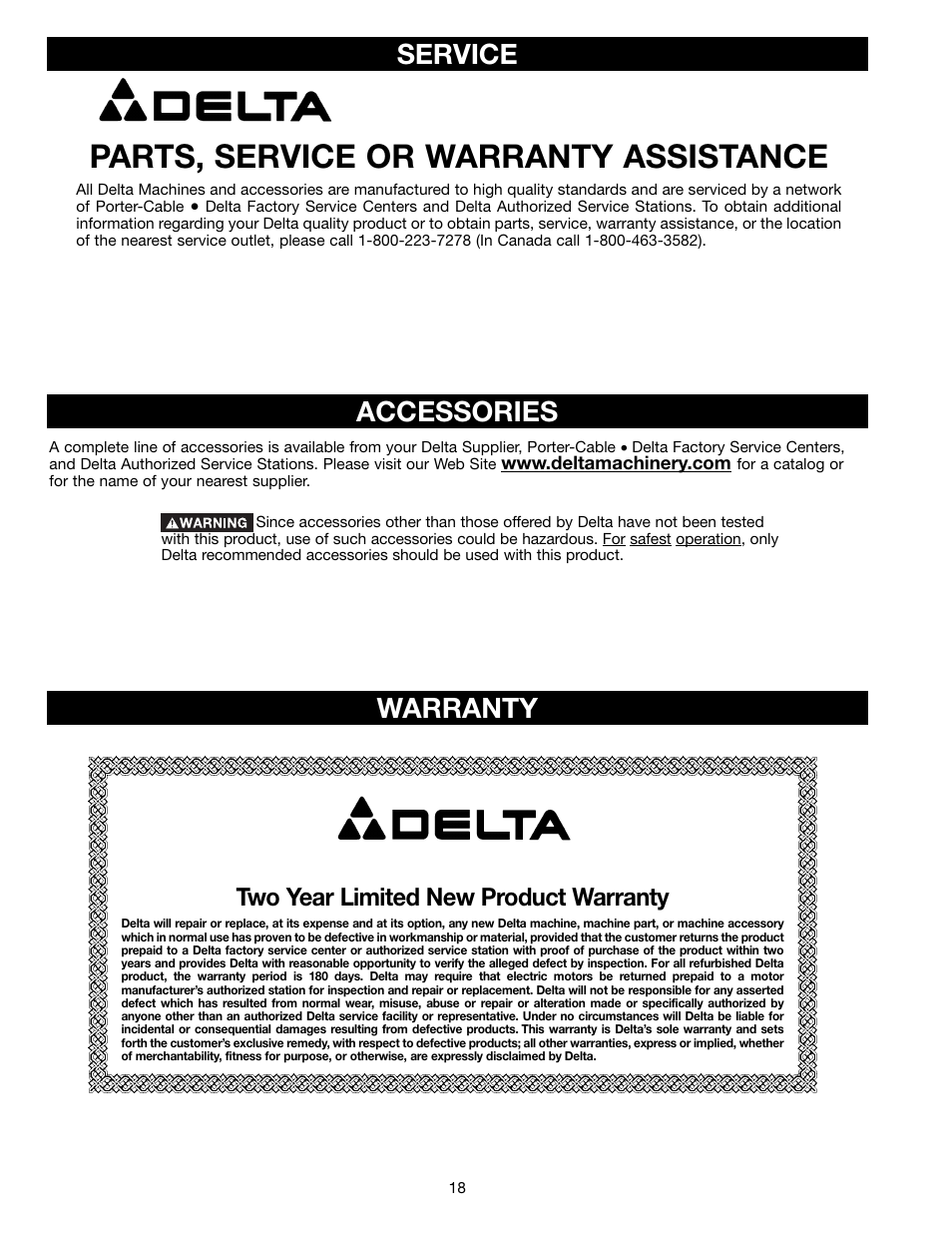 Parts, service or warranty assistance, Accessories, Service warranty | Two year limited new product warranty | Delta AP300 User Manual | Page 18 / 36