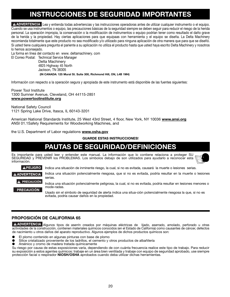 Pautas de seguridad/definiciones, Instrucciones de seguridad importantes | Delta AP300 User Manual | Page 20 / 36