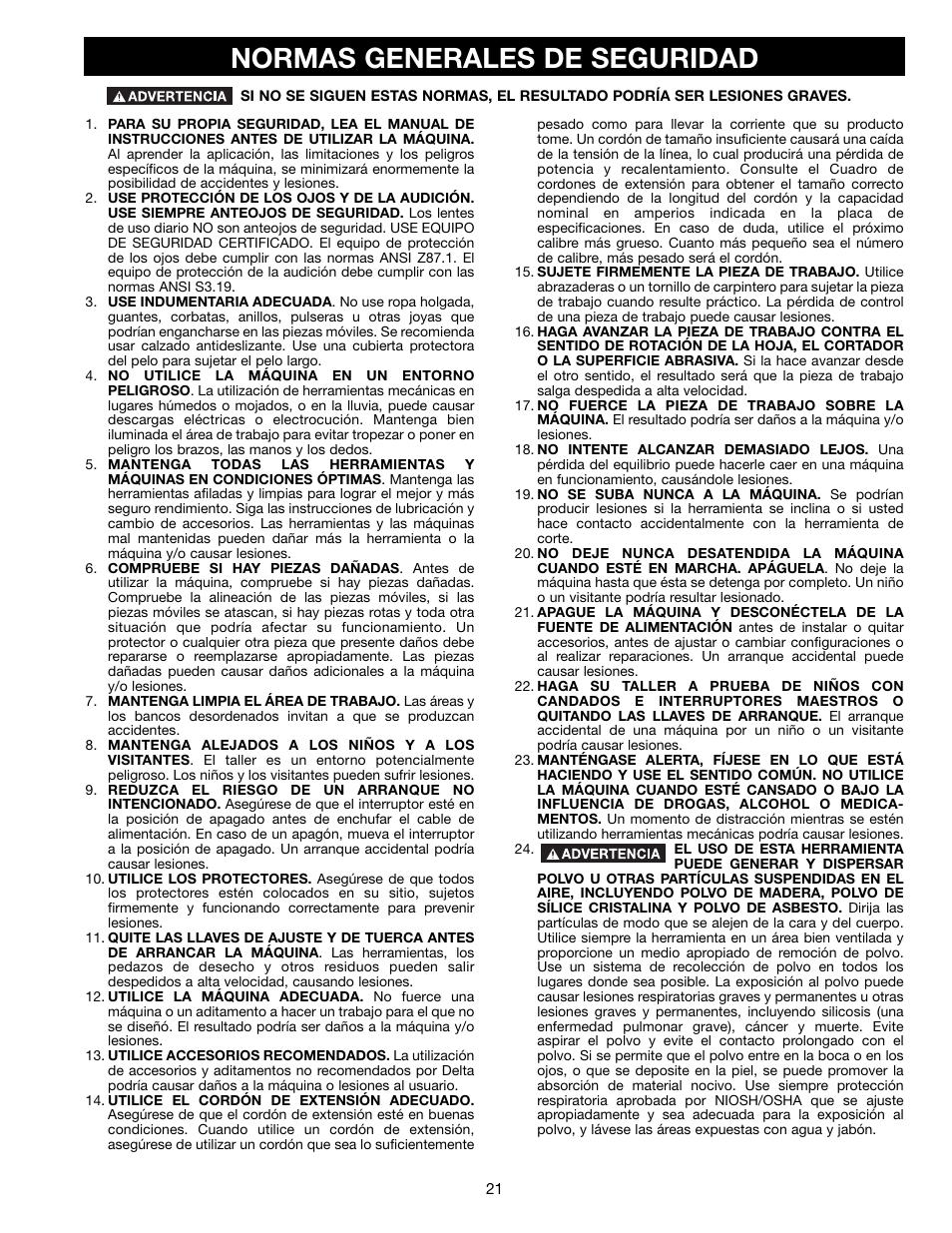 Normas generales de seguridad | Delta AP300 User Manual | Page 21 / 36