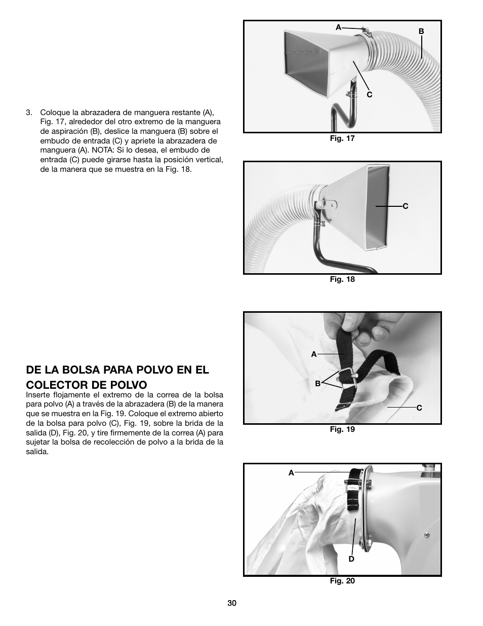 De la bolsa para polvo en el colector de polvo | Delta AP300 User Manual | Page 30 / 36