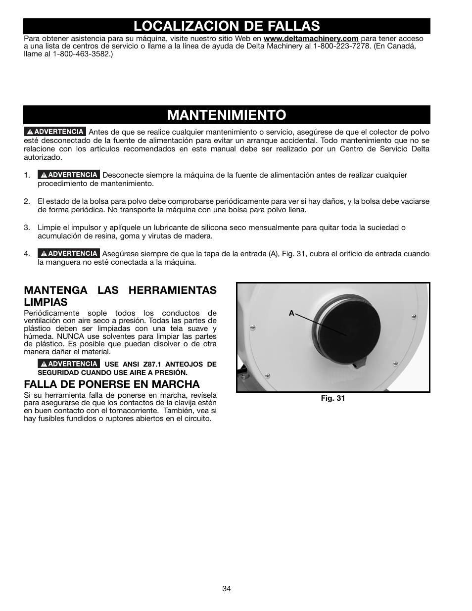 Mantenimiento localizacion de fallas, Mantenga las herramientas limpias, Falla de ponerse en marcha | Delta AP300 User Manual | Page 34 / 36