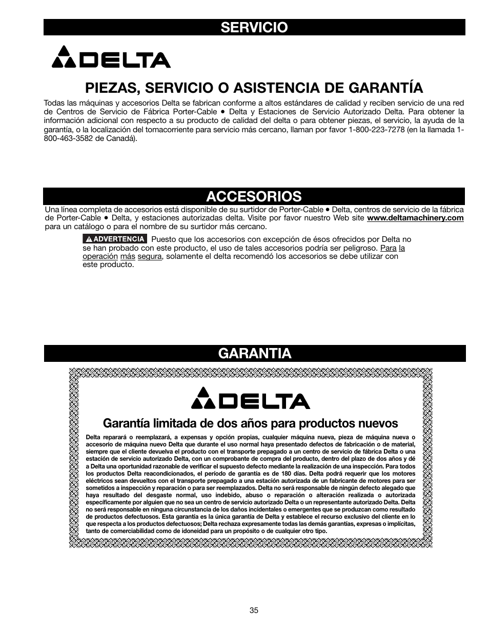 Servicio piezas, servicio o asistencia de garantía, Accesorios garantia | Delta AP300 User Manual | Page 35 / 36