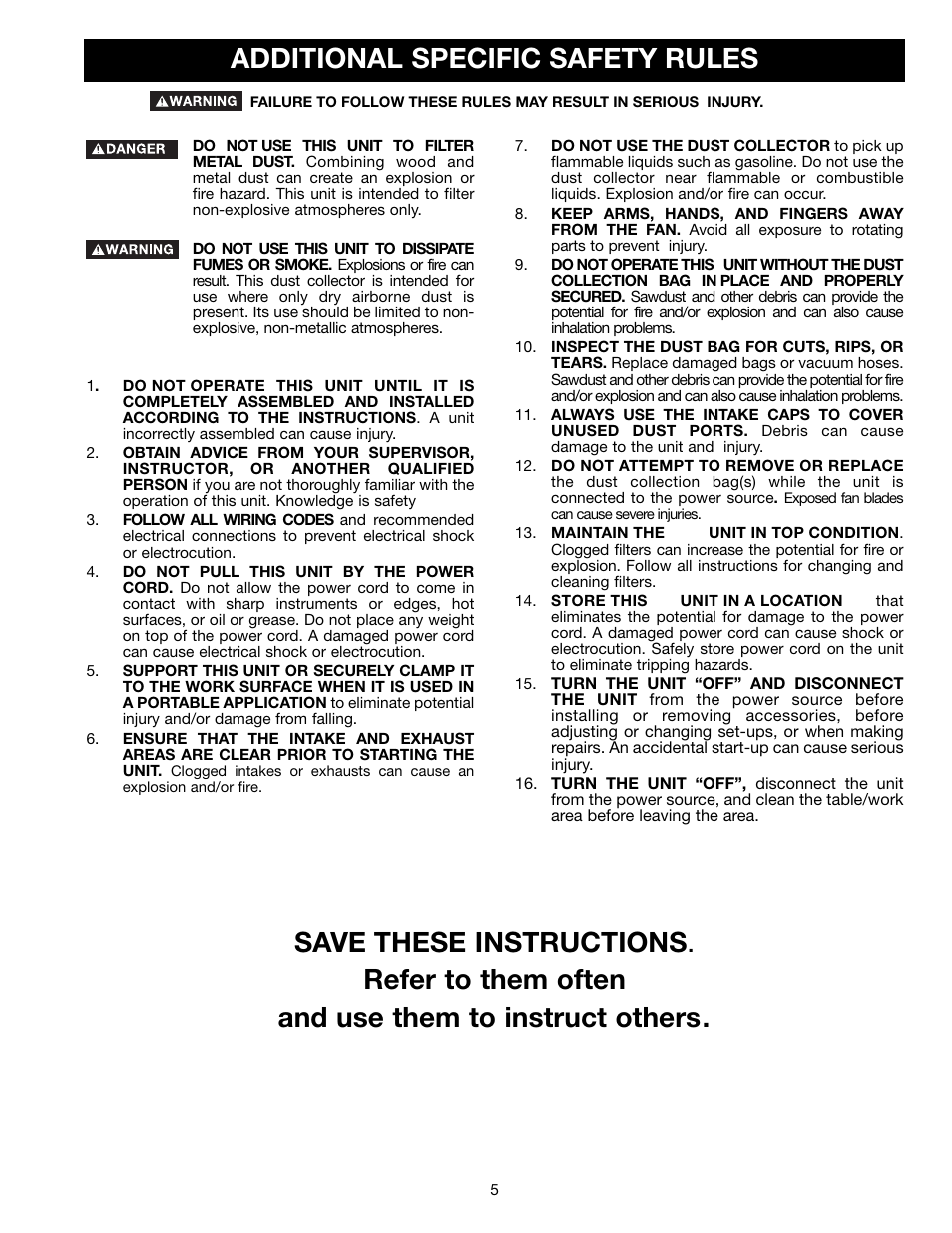 Additional specific safety rules | Delta AP300 User Manual | Page 5 / 36