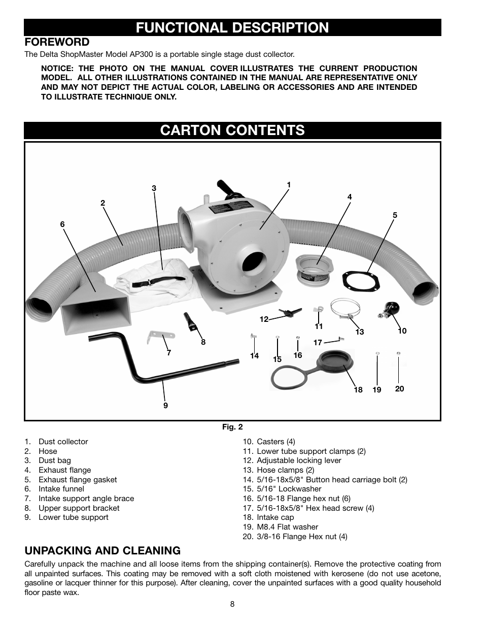 Carton contents, Functional description, Unpacking and cleaning | Foreword | Delta AP300 User Manual | Page 8 / 36