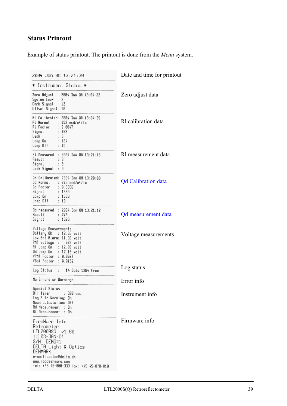 Status printout | Delta LTL2000S User Manual | Page 43 / 45