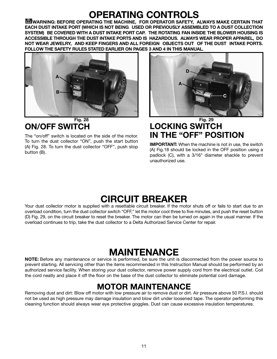 Operating controls, Circuit breaker, Maintenance | On/off switch, Locking switch in the “off” position, Motor maintenance | Delta 50-850 User Manual | Page 11 / 13