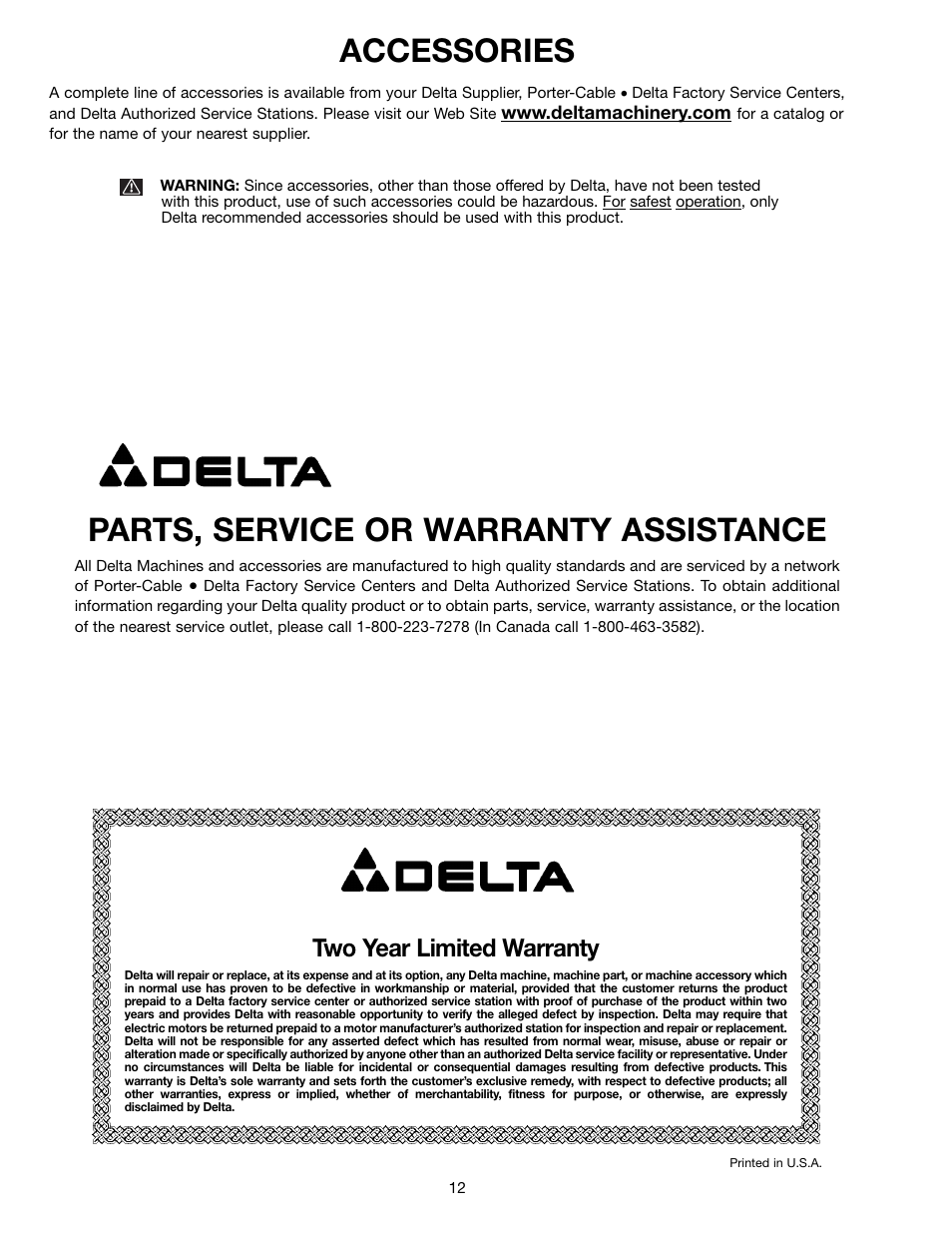 Parts, service or warranty assistance, Accessories, Two year limited warranty | Delta 50-850 User Manual | Page 12 / 13