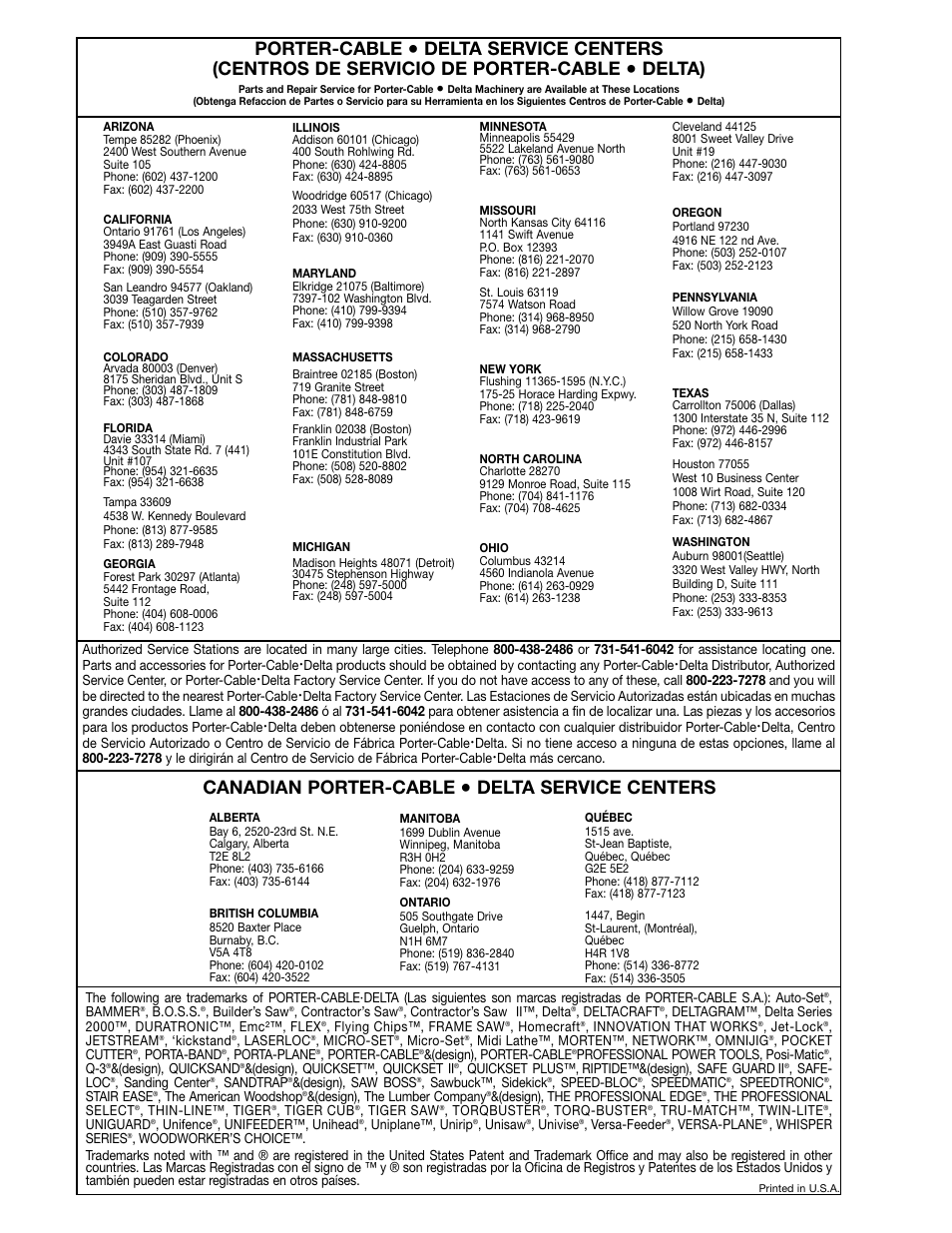 Porter-cable, Delta), Canadian porter-cable | Delta service centers | Delta 50-850 User Manual | Page 13 / 13
