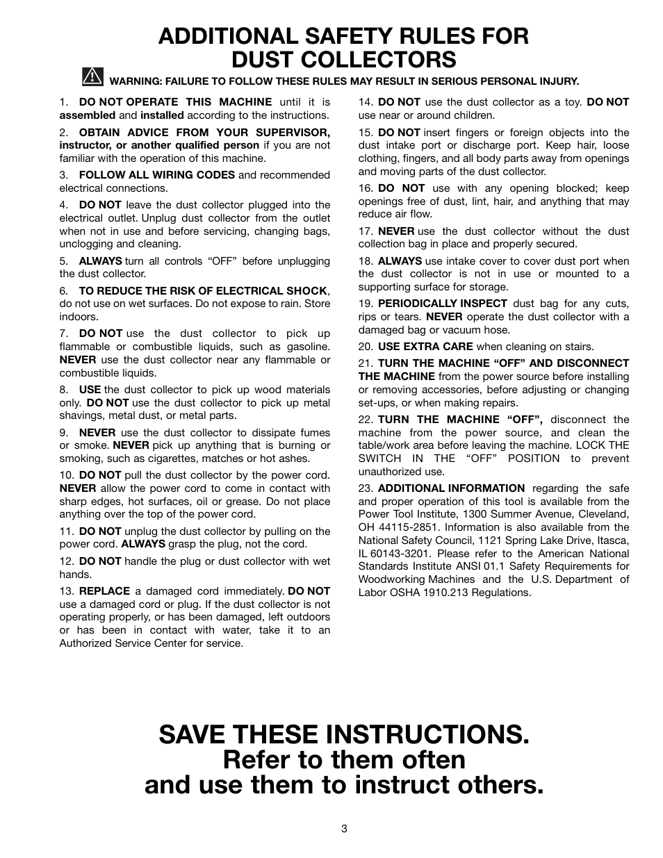 Additional safety rules for dust collectors | Delta 50-850 User Manual | Page 3 / 13