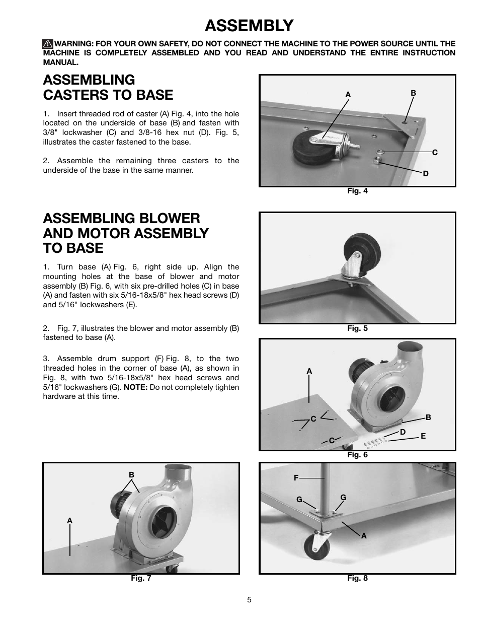 Assembly, Assembling casters to base, Assembling blower and motor assembly to base | Delta 50-850 User Manual | Page 5 / 13