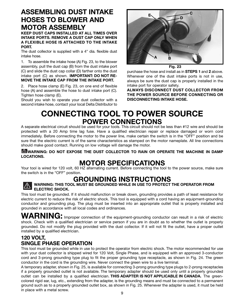 Connecting tool to power source, Warning, Power connections | Motor specifications, Grounding instructions | Delta 50-850 User Manual | Page 9 / 13