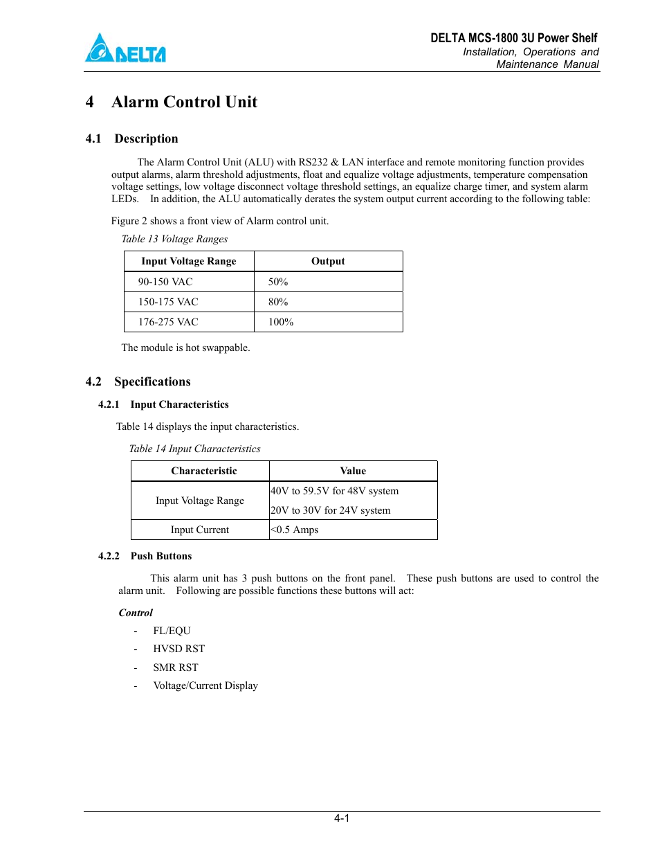 Alarm control unit, 1 description, 2 specifications | 4 alarm control unit | Delta MCS-1800 User Manual | Page 16 / 57