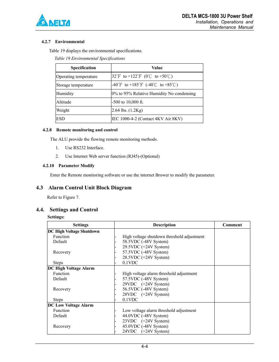 3 alarm control unit block diagram, 4 settings and control | Delta MCS-1800 User Manual | Page 19 / 57