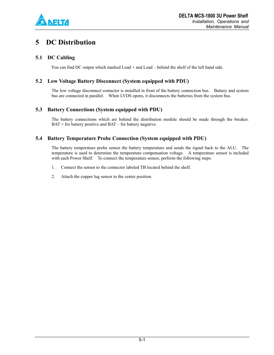 Dc distribution, 1 dc cabling, 2 low voltage battery disconnect (system | Equipped with pdu), 3 battery connections (system equipped with, Pdu), 5 dc distribution | Delta MCS-1800 User Manual | Page 22 / 57