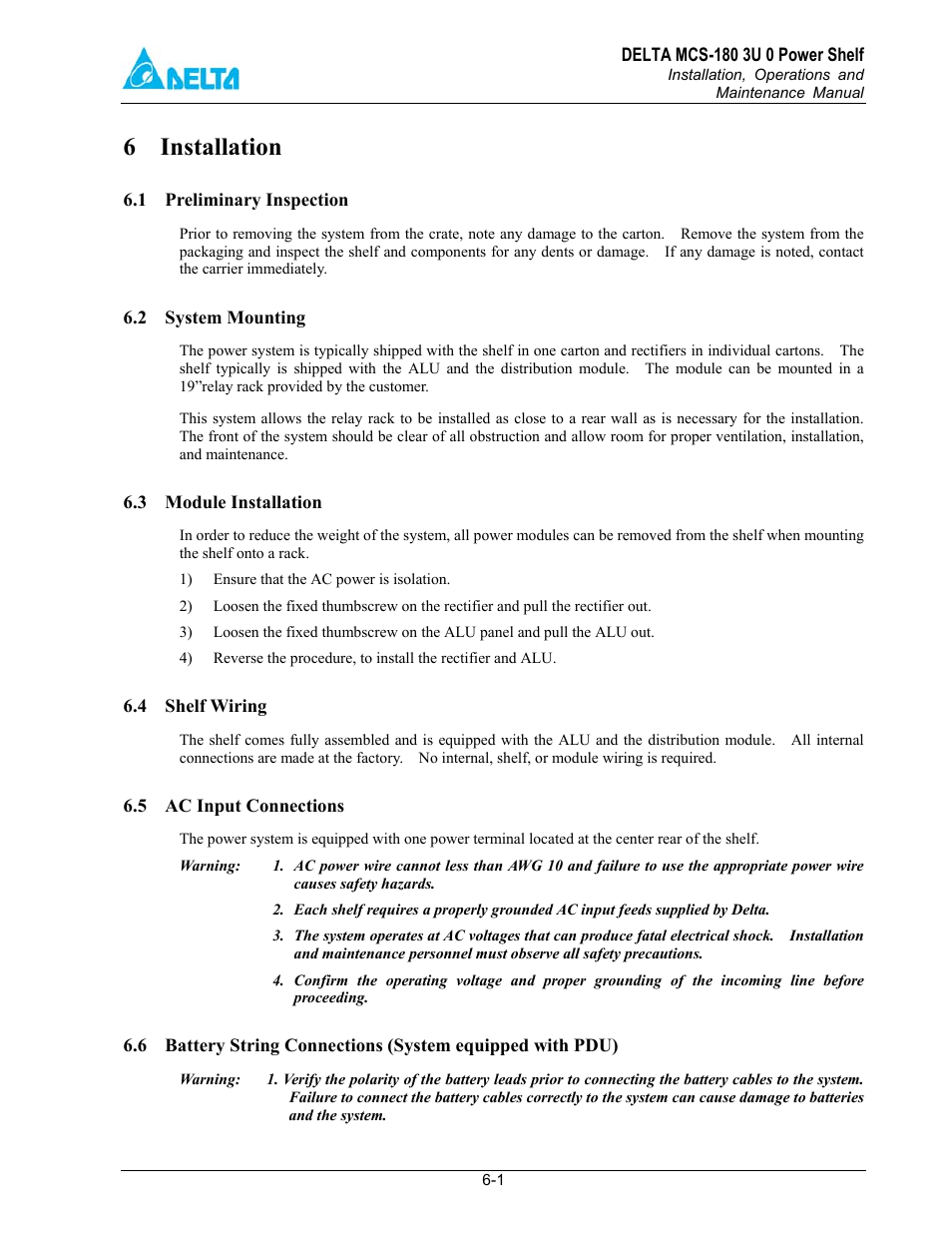 1 preliminary inspection, 2 system mounting, 3 module installation | 4 shelf wiring, 5 ac input connections, 6 battery string connections (system equipped, 6 installation | Delta MCS-1800 User Manual | Page 23 / 57