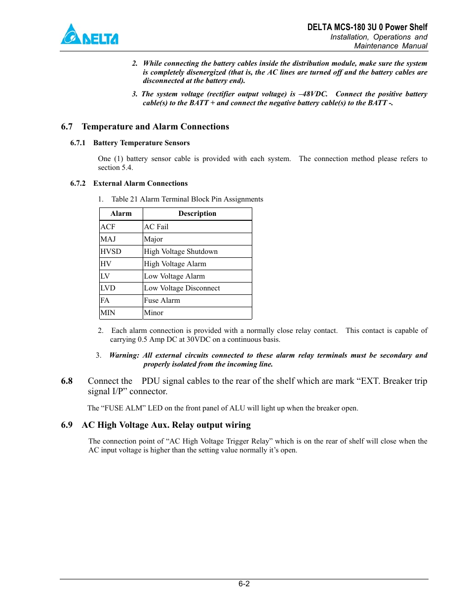 With pdu), 7 temperature and alarm connections, 8 ext. breaker trip signal i/p connector wiring | 9 ac high voltage aux. relay output wiring | Delta MCS-1800 User Manual | Page 24 / 57