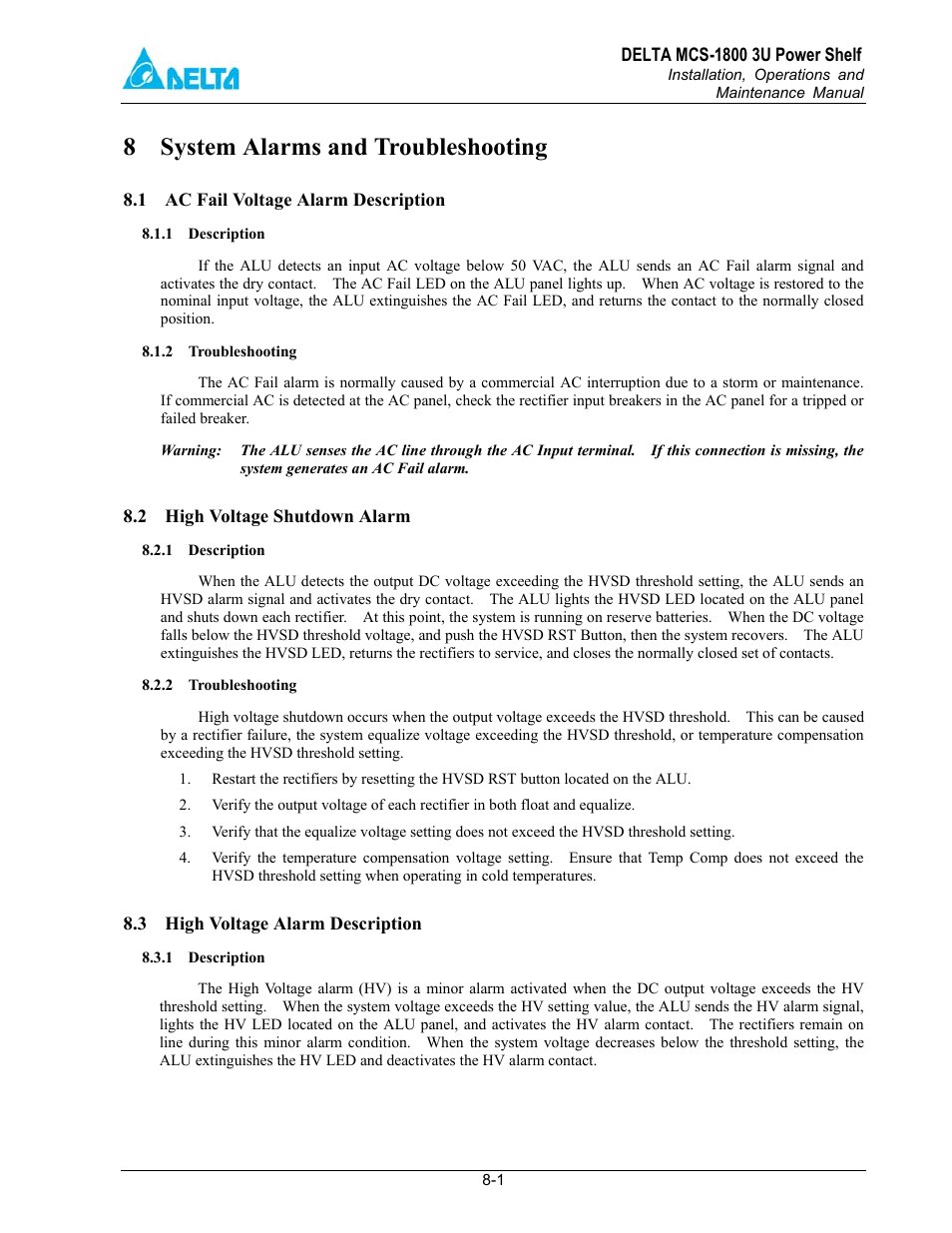 System alarms and troubleshooting, 1 ac fail voltage alarm description, 2 high voltage shutdown alarm | 3 high voltage alarm description, 8 system alarms and troubleshooting | Delta MCS-1800 User Manual | Page 26 / 57