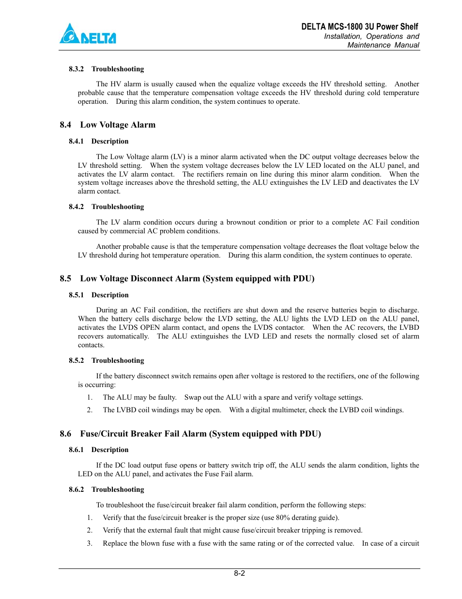 4 low voltage alarm, 5 low voltage disconnect alarm (system, Equipped with pdu) | 6 fuse fail alarm (system equipped with pdu) | Delta MCS-1800 User Manual | Page 27 / 57