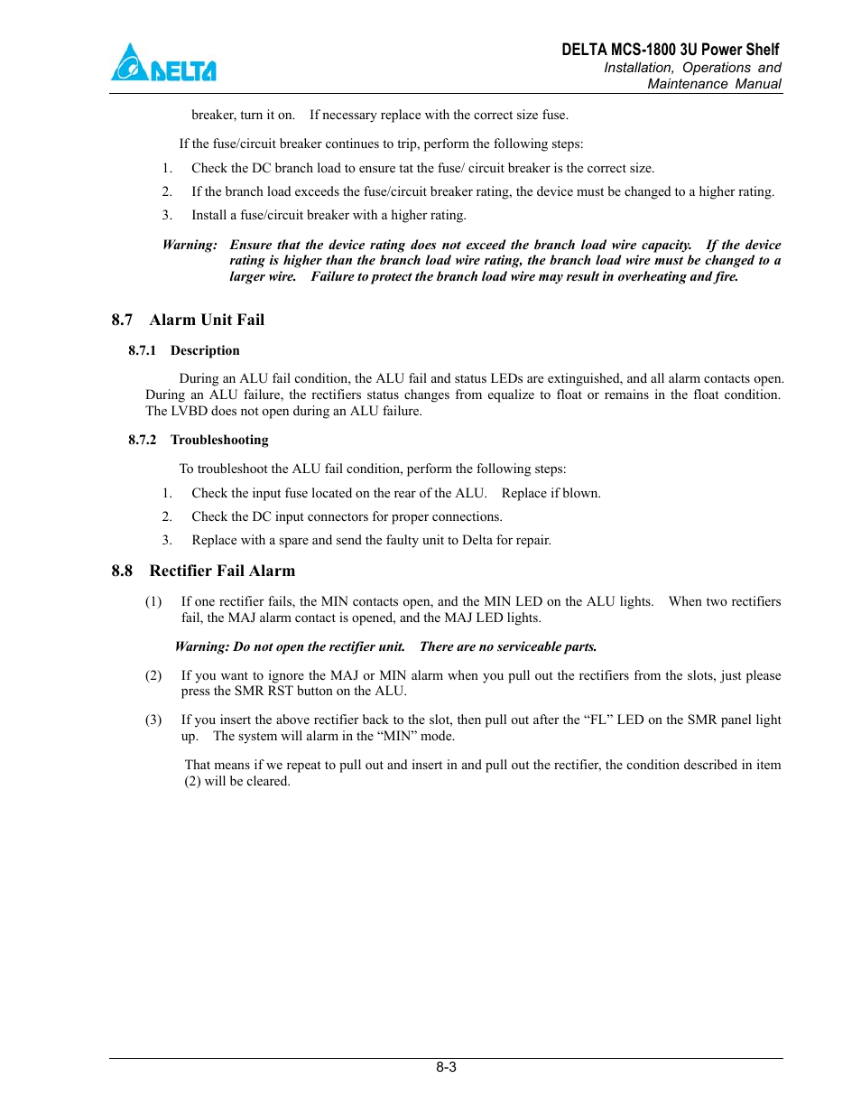 7 alarm unit fail, 8 rectifier fail alarm | Delta MCS-1800 User Manual | Page 28 / 57