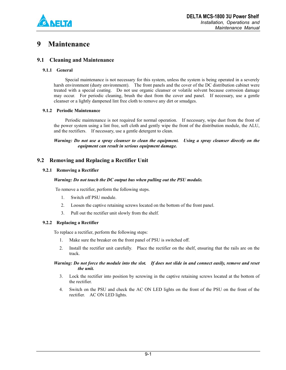 Maintenance, 1 cleaning and maintenance, 2 removing and replacing a rectifier unit | 9 maintenance | Delta MCS-1800 User Manual | Page 29 / 57