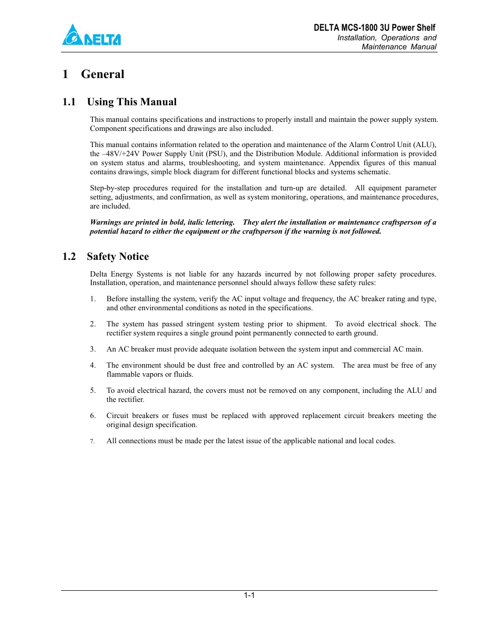 General, 1 using this manual, 2 safety notice | 1 general | Delta MCS-1800 User Manual | Page 5 / 57