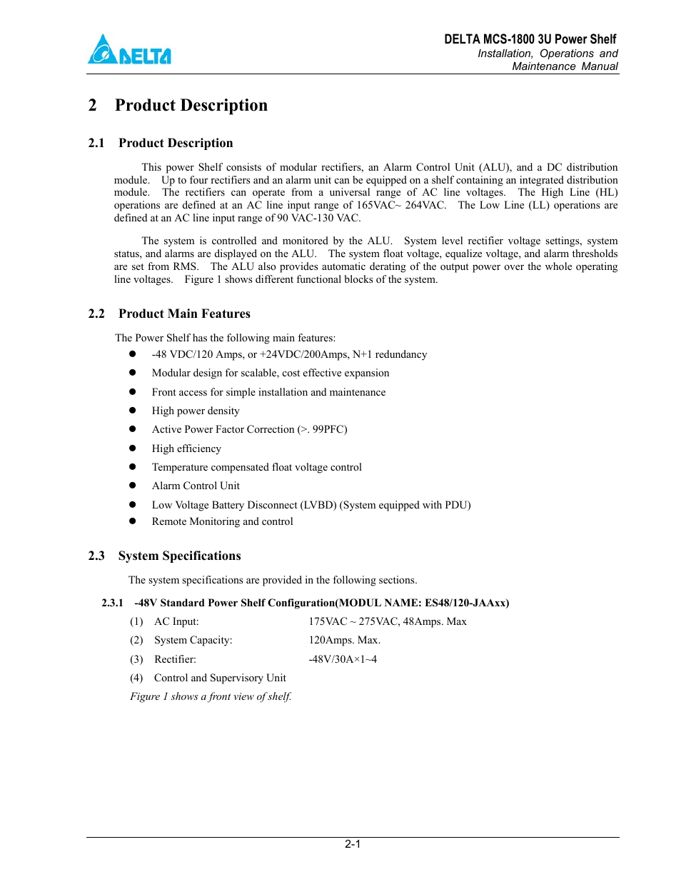 Product description, 1 product description, 2 product main features | 3 system specifications, 2 product description | Delta MCS-1800 User Manual | Page 6 / 57