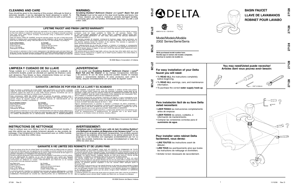 Delta 2302 Series User Manual | 2 pages