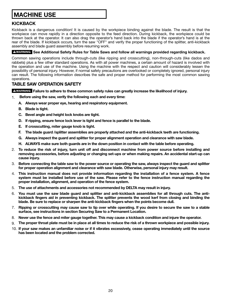 Machine use | Delta N028314 User Manual | Page 20 / 88