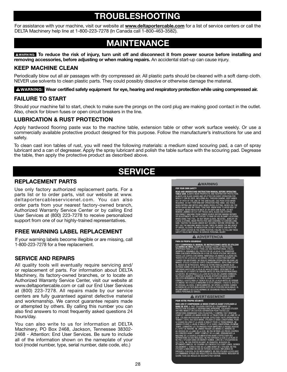 Service, Troubleshooting, Maintenance | Replacement parts, Free warning label replacement, Service and repairs, Keep machine clean, Failure to start, Lubrication & rust protection | Delta N028314 User Manual | Page 28 / 88