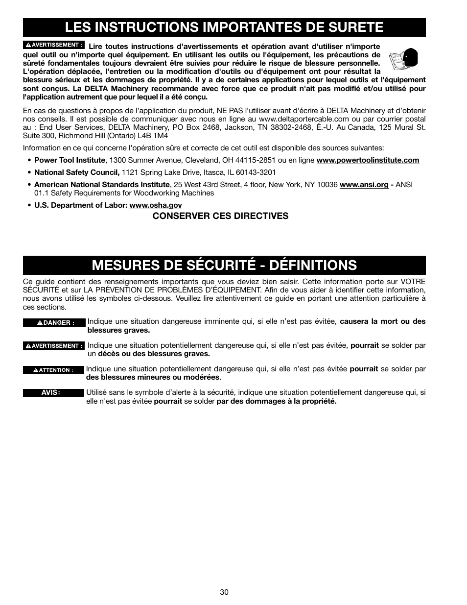 Mesures de sécurité - définitions, Les instructions importantes de surete | Delta N028314 User Manual | Page 30 / 88