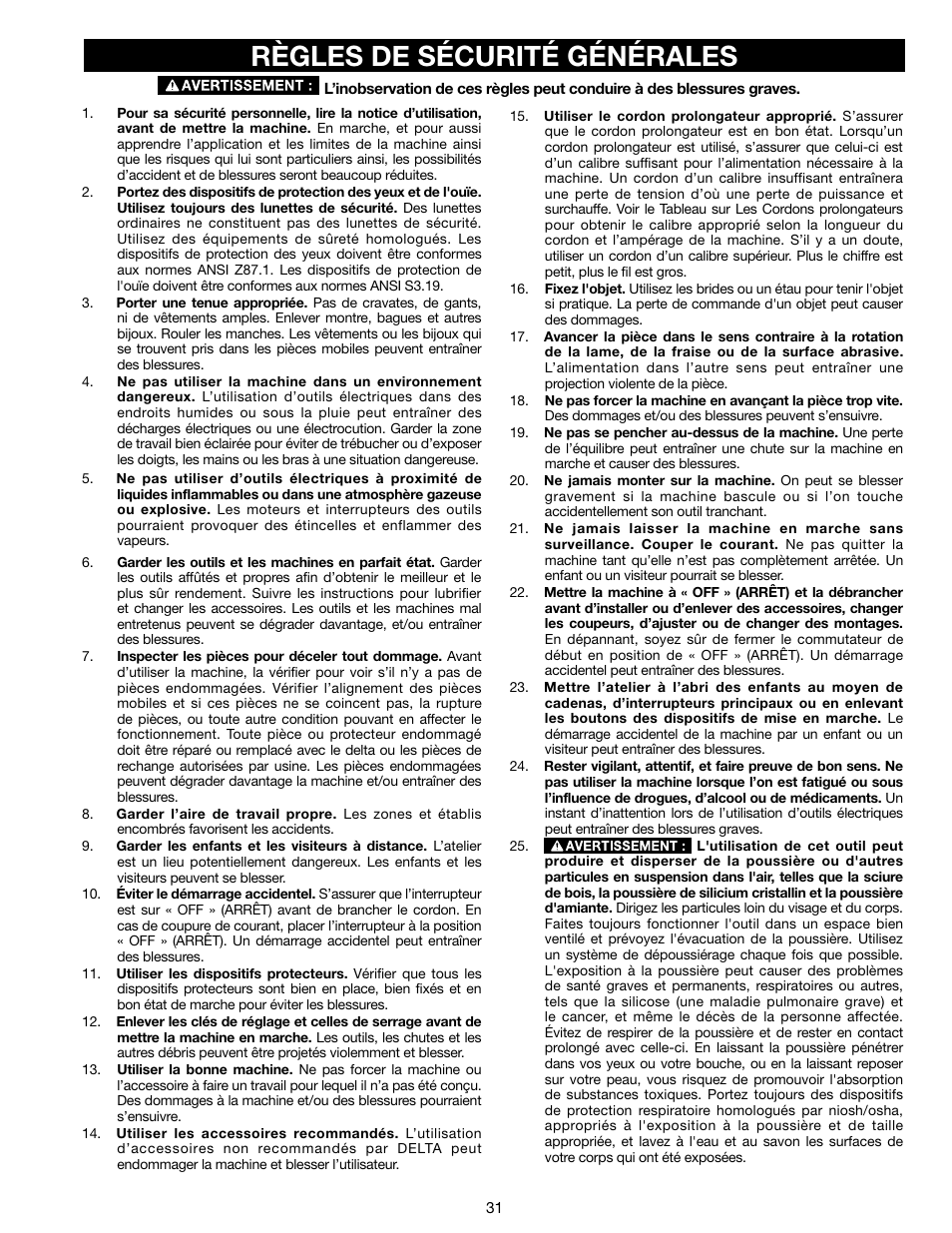 Règles de sécurité générales | Delta N028314 User Manual | Page 31 / 88