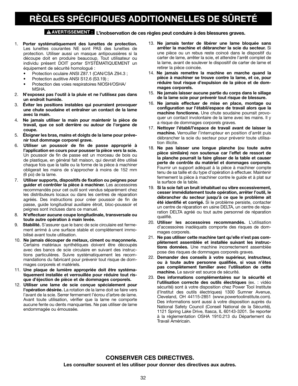 Règles spécifiques additionnelles de sûreté, Conserver ces directives | Delta N028314 User Manual | Page 32 / 88