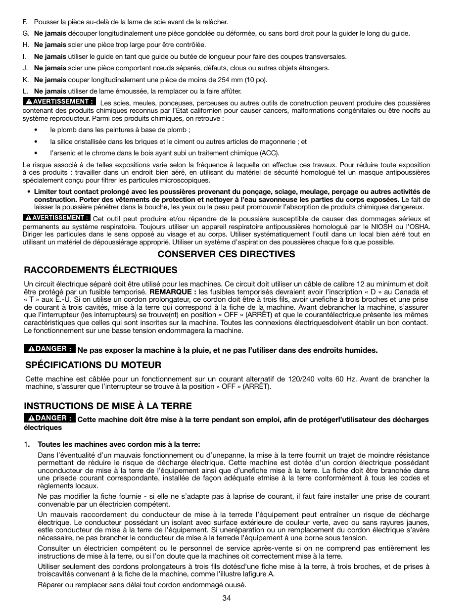 Raccordements électriques, Instructions de mise à la terre, Spécifications du moteur | Conserver ces directives | Delta N028314 User Manual | Page 34 / 88