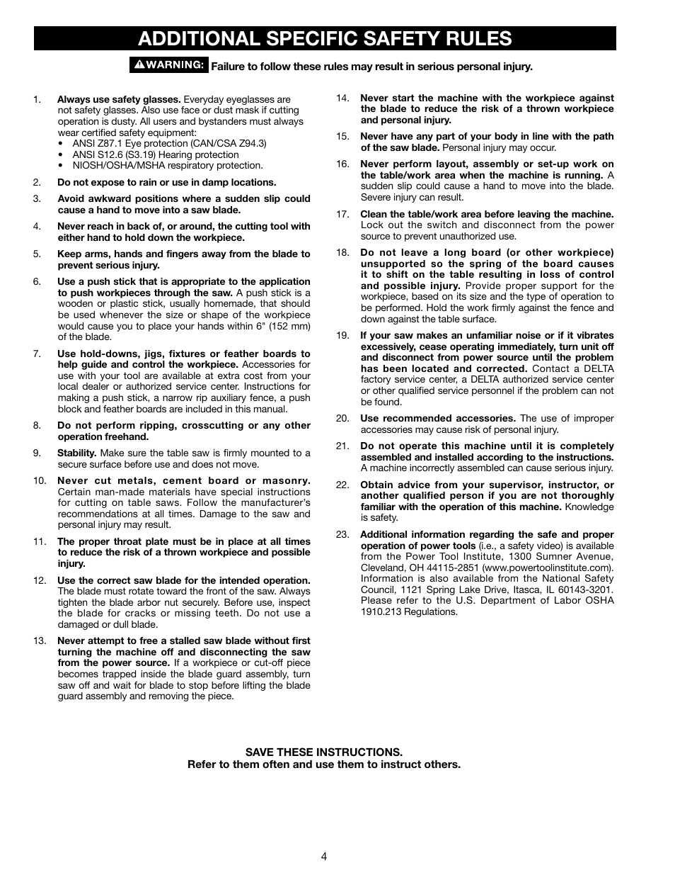Additional specific safety rules | Delta N028314 User Manual | Page 4 / 88