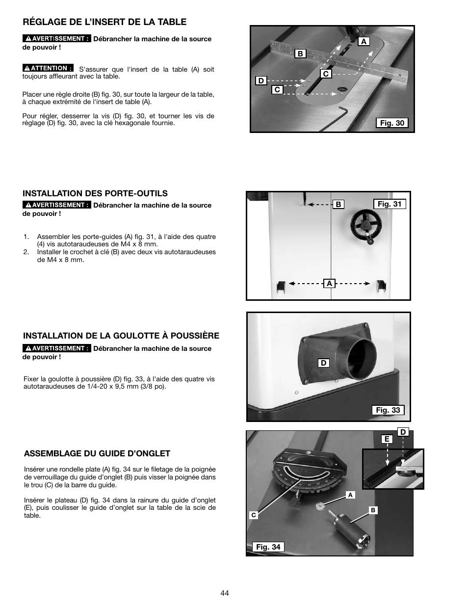 Réglage de l’insert de la table | Delta N028314 User Manual | Page 44 / 88