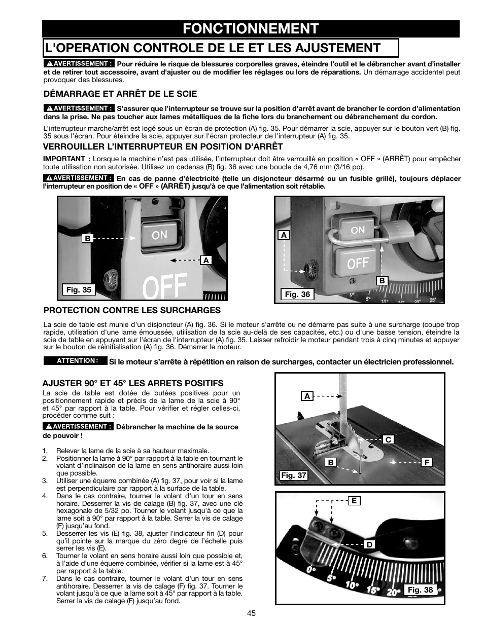 Fonctionnement, L'operation controle de le et les ajustement s | Delta N028314 User Manual | Page 45 / 88